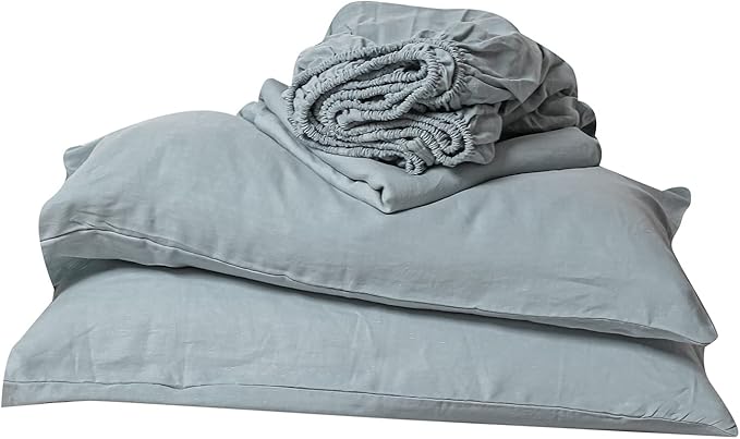 Simple&Opulence 100% Linen Sheet Set Solid Color-4 Pcs Washed French Linen Bed Sheets(1 Flat Sheet,1 Fitted Sheet,2 Pillowcases)-Breathable Bedding Set (Dusty Blue, Queen) - LeafyLoom