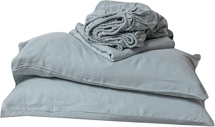 Simple&Opulence 100% Linen Sheet Set Solid Color-4 Pcs Washed French Linen Bed Sheets(1 Flat Sheet,1 Fitted Sheet,2 Pillowcases)-Breathable Bedding Set (Dusty Blue, King) - LeafyLoom