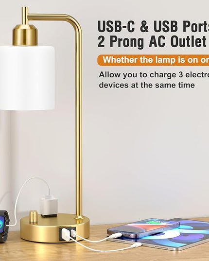 Innqoo Industrial Table Lamps for Bedroom Set of 2 - Fully Dimmable Bedside Lamps with USB Ports and Outlet, Gold Nightstand Lamps with Opal Glass Shade for Living Room, Desk Lamps for Office Reading - LeafyLoom
