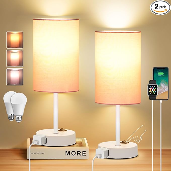 ZJOJO Table Lamp Set of 2 Modern Desk Lamp with AC Outlet and Phone Stands, nightstand lamps set of 2 Perfect Bedside Lamp for Bedroom, Living Room, Office - LeafyLoom
