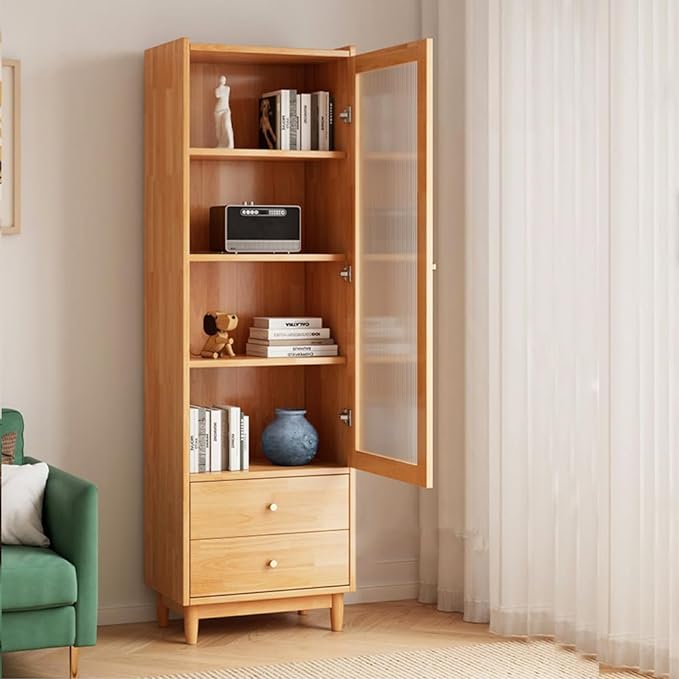 Wooden Glass Door Bookcase - 3-Tier Cube Bookshelf Storage Cabinet with Double Drawer and Adjustable Shelf, Solid Wood Legs Cupboard in Warm White - LeafyLoom