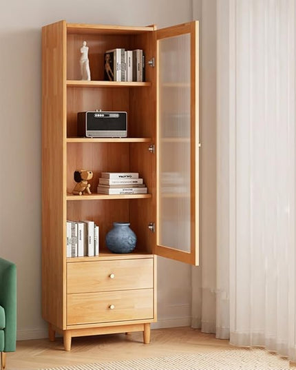 Wooden Glass Door Bookcase - 2-Tier Cube Bookshelf Storage Cabinet with Double Drawer and Adjustable Shelf, Solid Wood Legs Cupboard in Warm White - LeafyLoom