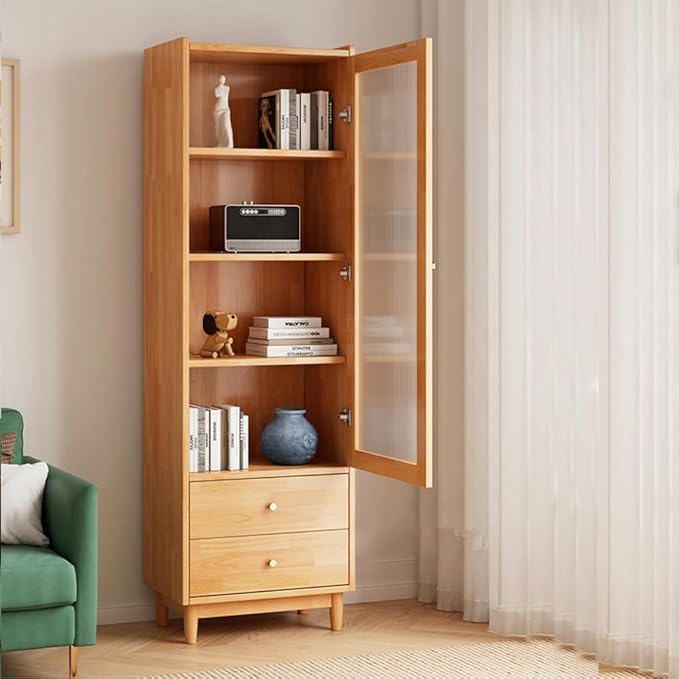 Wooden Glass Door Bookcase - 2-Tier Cube Bookshelf Storage Cabinet with Double Drawer and Adjustable Shelf, Solid Wood Legs Cupboard in Pear Yellow - LeafyLoom
