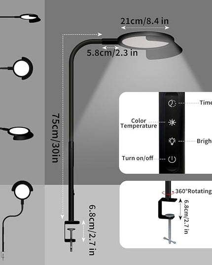 QINER LED Desk Lamp, Eye Protection Desk Light with Sunshade Touch Control Table Lamp Gooseneck Task Lamp 25 Lighting Effect Modes Clamp Lamp for Office Workbench Drafting Live Streaming - LeafyLoom