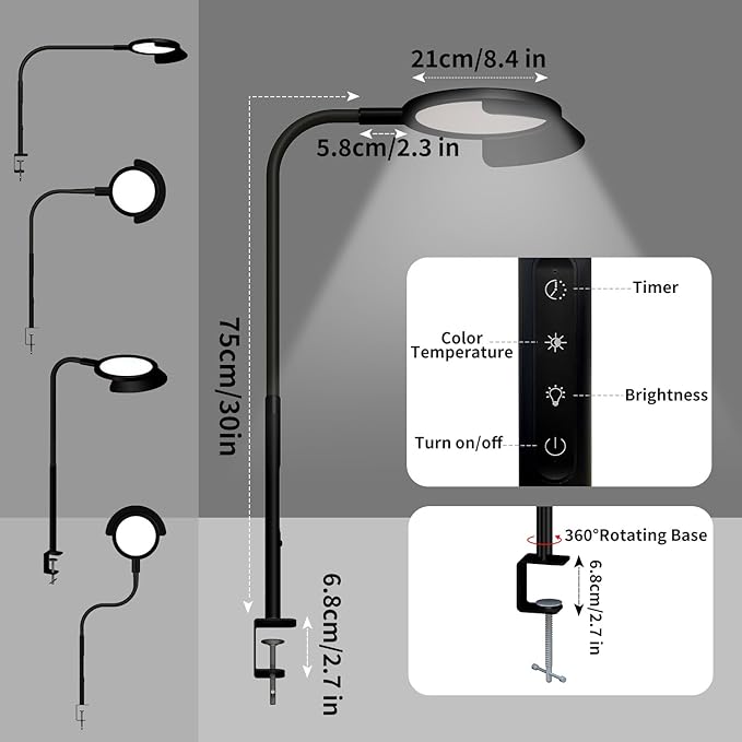 QINER LED Desk Lamp, Eye Protection Desk Light with Sunshade Touch Control Table Lamp Gooseneck Task Lamp 25 Lighting Effect Modes Clamp Lamp for Office Workbench Drafting Live Streaming - LeafyLoom