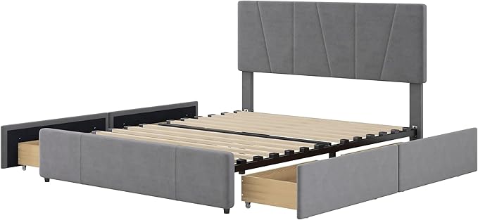 Full Size Upholstery Platform Bed with 4 Storage Drawers on Two Sides, Adjustable Velvet Headboard and Footboard, No Box Spring Needed, Gray - LeafyLoom