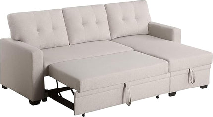 L Shape Sleeper Sofa Bed with Storage, Large Full Size Pull Out Sectional Couch, Futon Chaise Lounge Recliner for Living Room, Apartment, Bedroom, Office, Beige - LeafyLoom