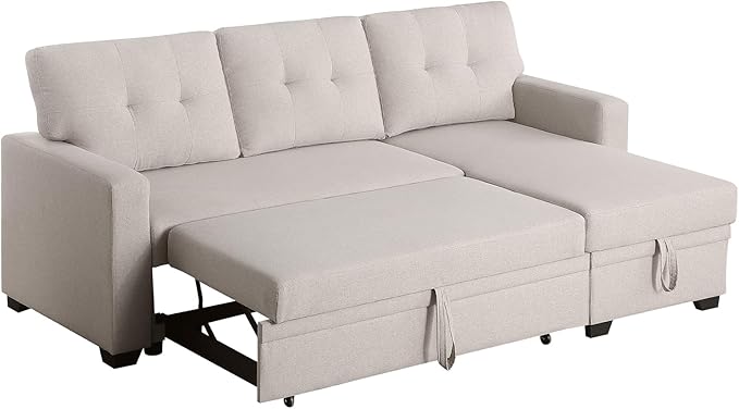 L Shape Sleeper Sofa Bed with Storage, Large Full Size Pull Out Sectional Couch, Futon Chaise Lounge Recliner for Living Room, Apartment, Bedroom, Office, Beige - LeafyLoom