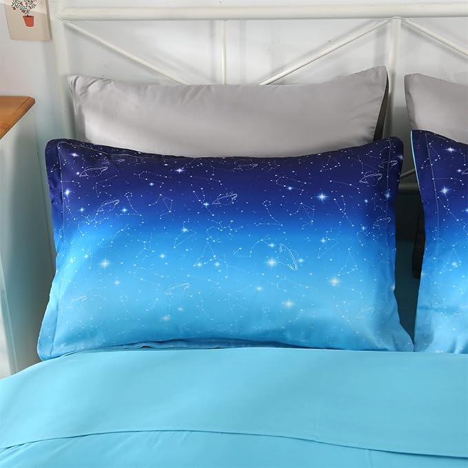 Wowelife Glitter Bedding Set Full Size 5 Pieces Galaxy Comforter Set Blue 3D Galaxy Kids Comforter Sets Lightweight with Comforter, Flat Sheet, Fitted Sheet and 2 Pillowcases - LeafyLoom