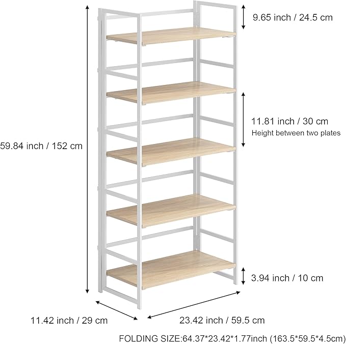 No-Assembly Folding Bookshelf Storage Shelves 5 Tiers Vintage Multifunctional Plant Flower Stand Storage Rack Shelves Bookcase for Home Office (White) - LeafyLoom