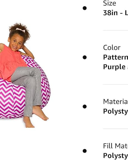 Posh Creations Bean Bag Chair for Kids, Teens, and Adults Includes Removable and Machine Washable Cover, Pattern Chevron Purple and White, 38in - Large - LeafyLoom