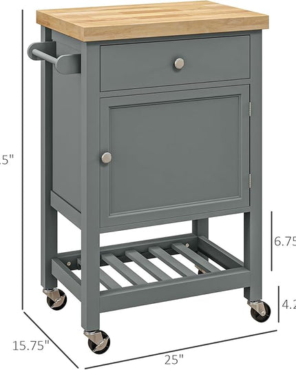 HOMCOM Utility Kitchen Cart, Rolling Kitchen Island with Smooth Rubberwood Top, Narrow Butcher Block Surface on Wheels with Storage Drawer & Cabinet, Gray - LeafyLoom