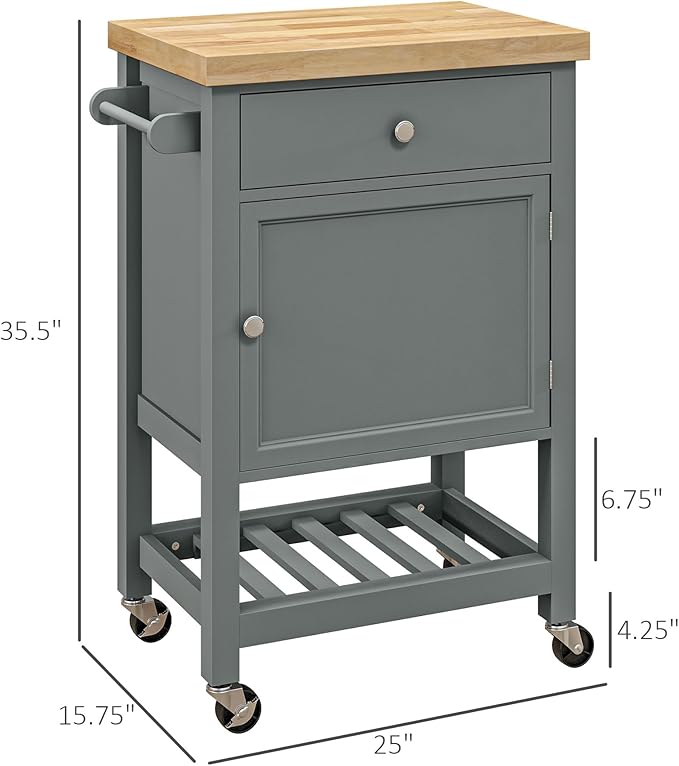 HOMCOM Utility Kitchen Cart, Rolling Kitchen Island with Smooth Rubberwood Top, Narrow Butcher Block Surface on Wheels with Storage Drawer & Cabinet, Gray - LeafyLoom