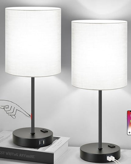 Lynnoland 𝟮𝟬𝟮𝟯 𝗡𝗘𝗪 Set of 2 Touch Control Table Lamps with 2 USB & AC Outlet, 3-Way Dimmable Bedside Nightstand Lamps for Bedroom Living Room Nursery, 800 Lumens 5000K Daylight Bulbs Included - LeafyLoom