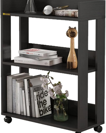 Small Bookshelf and Bookcase, 3 Tier Wood Nightstand with Wheels, Modern Bedside End Table with Storage Rack for Bedroom, Library, Living Room, Home, Office Cart, Black - LeafyLoom