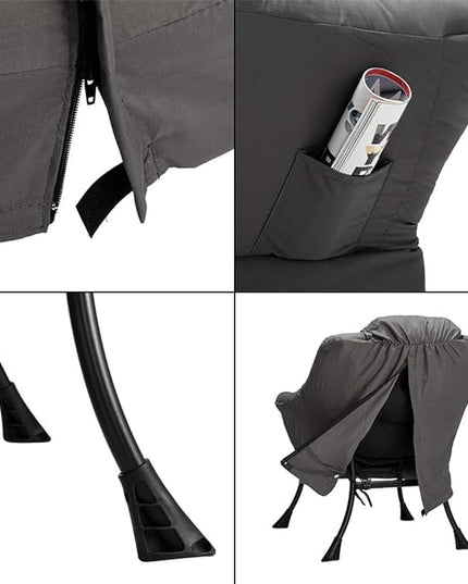 AbocoFur Modern Fabric Lazy Chair and Folding Footrest Stool Set, Accent Comfy Lounge Arm Chair and Ottoman, Leisure Sofa Reading Chair and Metal Cotton Footstool for Living room, Bedroom, Dark Grey - LeafyLoom