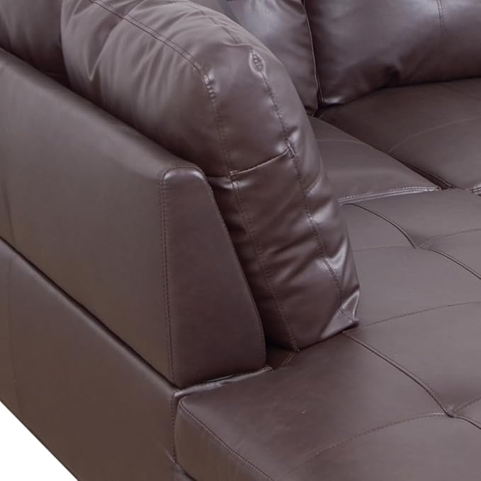 ROOMTEC Button L Shape 3 Piece Sectional Sofa Set, Upholstered Corner Couch with Storage Ottoman, Faux Leather Tufted Cushions, for Living Room, Apartment, 103inch, Deer Brown w/Right Chaise Lounge - LeafyLoom