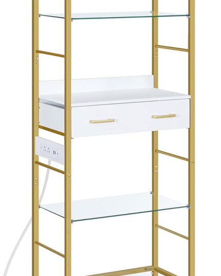 HOOBRO 5 Tier Bookcase, White and Gold Bookshelf with Drawer, Storage Shelves with Charging Station, Tempered Glass Bookshelf with Metal Frame, Open Display Shelves for Living Room, Gold DW65USJ01 - LeafyLoom