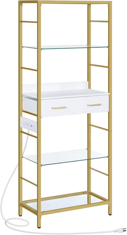 HOOBRO 5 Tier Bookcase, White and Gold Bookshelf with Drawer, Storage Shelves with Charging Station, Tempered Glass Bookshelf with Metal Frame, Open Display Shelves for Living Room, Gold DW65USJ01 - LeafyLoom