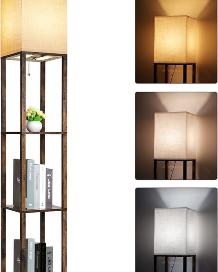 RUNTOP Floor Lamp with Shelves, Modern Shelf Lamp for Display Storage, 3 Color Temperature Wood Narrow Standing Corner Lamp with 8W Bulb for Living Room Decor, Bedroom, Office, Home Decor(Brown) - LeafyLoom