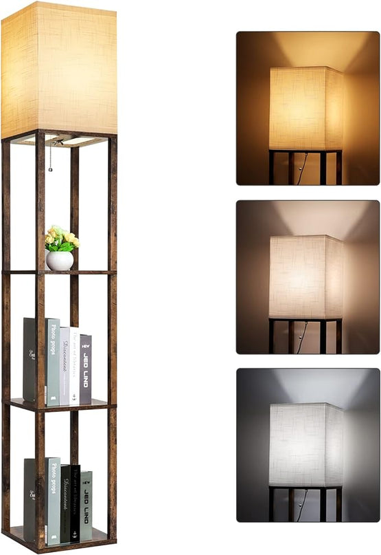 RUNTOP Floor Lamp with Shelves, Modern Shelf Lamp for Display Storage, 3 Color Temperature Wood Narrow Standing Corner Lamp with 8W Bulb for Living Room Decor, Bedroom, Office, Home Decor(Brown) - LeafyLoom