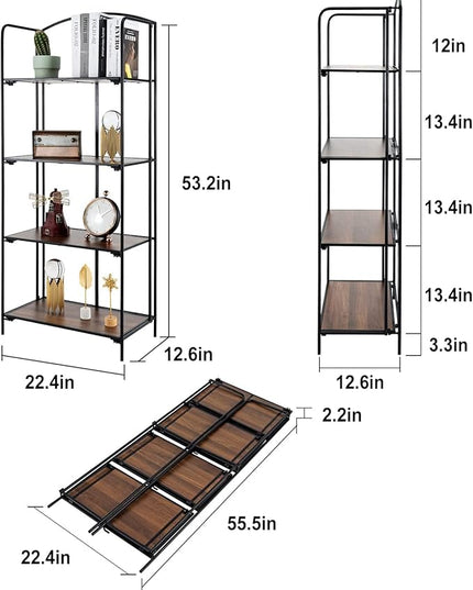 No Assembly Folding Bookshelf, 4 Tier Black Bookshelf, Metal Book Shelf for Storage, Folding Bookcase for Office Organization and Storage, 12.6" D x 22.44" W x 55.51" H - LeafyLoom