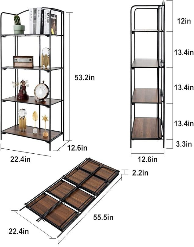 No Assembly Folding Bookshelf, 4 Tier Black Bookshelf, Metal Book Shelf for Storage, Folding Bookcase for Office Organization and Storage, 12.6" D x 22.44" W x 55.51" H - LeafyLoom