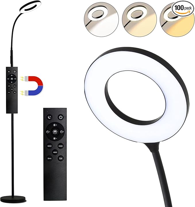 LED Floor Lamp, 12W/1000LM Reading Light, 3 Color Temperatures Bright Modern Tall Lamp, Adjustable Gooseneck Standing Lamp with Remote & Touch Control for Living Room, Bedroom, Office - LeafyLoom