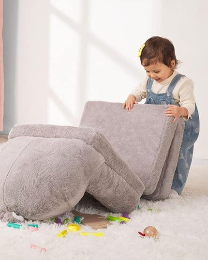 Kids Couch Fold Out Soft Toddler Chairs,Toddler Armrest Chair Bed for Play,Gift for 0-3 Years,Grey Bunny - LeafyLoom