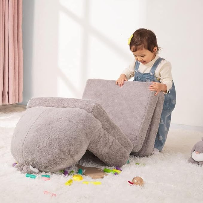 Kids Couch Fold Out Soft Toddler Chairs,Toddler Armrest Chair Bed for Play,Gift for 0-3 Years,Grey Bunny - LeafyLoom
