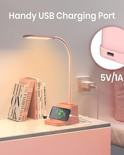 AXX Pink Desk Lamp for Kids, Cute Desk Light for Bedrooms, Kawaii Study Lamp with USB Charging Port - Small, LED, 650LM - Room College Dorm Essentials, Office Accessories for Women Teen Girls - LeafyLoom