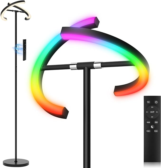 Upgraded RGBCW Floor Lamp, Bright Color Changing RGB Standing Lamp, Modern Stepless Dimmable LED Tall Lamp with Remote Control, 20W 3000-6000K Floor Lamps for Living Room, Bedroom, Office - LeafyLoom