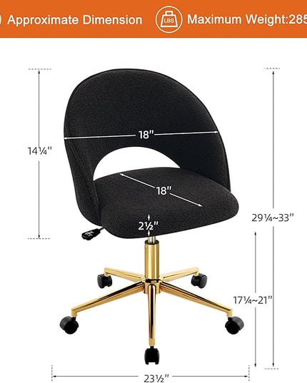 Furniliving Home Vanity Desk Chair, Modern Cute Desk Chairs Adjustment Height Chair with Swivel Wheels Upholstered Sherpa Gold Metal Base for Makeup Living Room Bedroom,Black - LeafyLoom