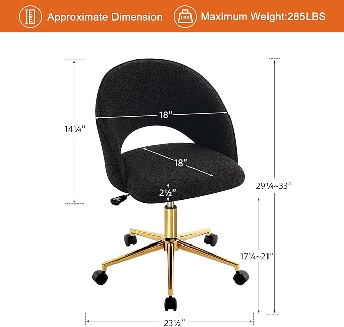 Furniliving Home Vanity Desk Chair, Modern Cute Desk Chairs Adjustment Height Chair with Swivel Wheels Upholstered Sherpa Gold Metal Base for Makeup Living Room Bedroom,Black - LeafyLoom