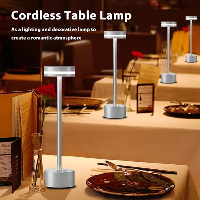 Cordless Metal Desk Lamp,Portable LED Table Lamp with Touch Sensor,3 Color Rechargeable Lamp,3-Levels Brightness Lamp,Night Light for Kids Nursery,Bedside Lamp,Dining Room Lamp (Silver) - LeafyLoom