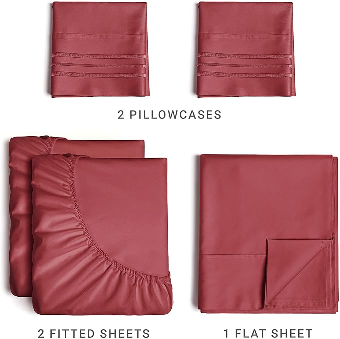 Split King Size 5 Piece Sheet Set - Comfy Breathable & Cooling Sheets - Hotel Luxury Bed Sheets for Women & Men - Deep Pockets, Easy-Fit, Soft & Wrinkle Free Sheets - Burgundy Oeko-Tex Bed Sheet Set - LeafyLoom