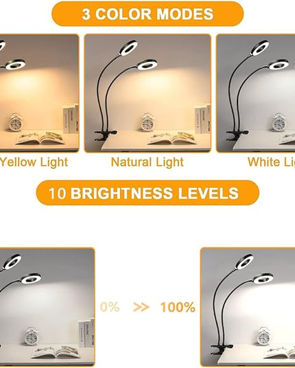 LED Desk Lamp with USB Adapter, Eye-Caring Gooseneck Ring Light, 3 Modes 10 Brightness Adjustable 10W Desk Light for Makeup Reading Bed Headboard (Metal) - LeafyLoom