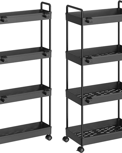2 Pack 4 Tier Slim Storage Cart, Bathroom Organizer Laundry Room Organization Mobile Shelving Unit Slide Out Utility Rolling Rack with Wheels for Kitchen Garage Office Small Apartment Narrow Space - LeafyLoom