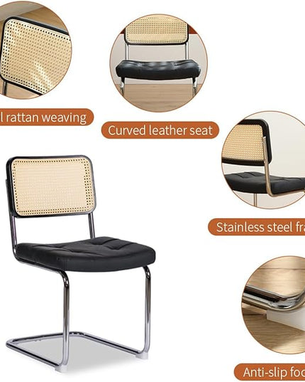 Dining Chairs Set of 2, Faux Leather Rattan Side Accent Chairs with Chrome Legs, Modern Mid Century Designed Chairs for Dining,Living Room,Kitchen Chairs (Leather Black) - LeafyLoom