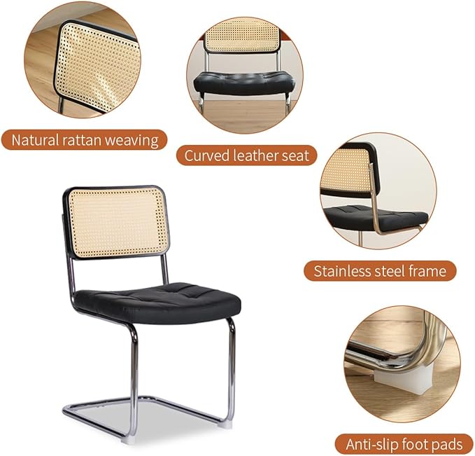 Dining Chairs Set of 2, Faux Leather Rattan Side Accent Chairs with Chrome Legs, Modern Mid Century Designed Chairs for Dining,Living Room,Kitchen Chairs (Leather Black) - LeafyLoom