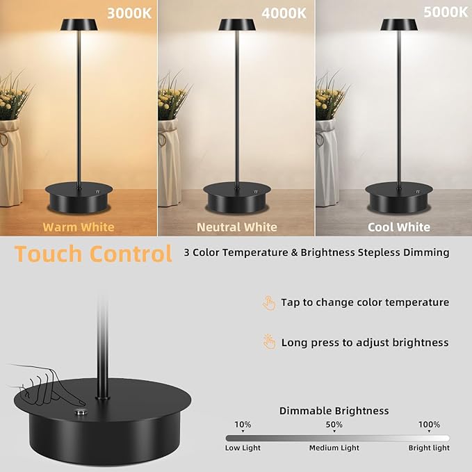 Rechargeable LED Table Lamp - Cordless Table Lamp with Touch Control, Portable LED Desk Lamp 3 Color Stepless Dimmable Modern Lamp for Restaurant/Dinner/Bedroom/Outdoor IP65 Waterproof - Green - LeafyLoom