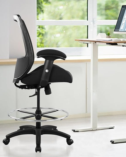 BOLISS Big and Tall 400lbs Mesh Ergonomic Drafting Chair,Tall Office Chair, Standing Desk Chair,Height Adjustable Armrest,Lumbar Support,Foot Ring,Swivel Computer Task Chair-Black - LeafyLoom
