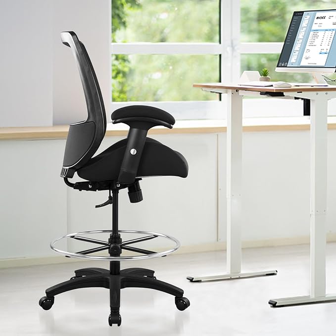 BOLISS Big and Tall 400lbs Mesh Ergonomic Drafting Chair,Tall Office Chair, Standing Desk Chair,Height Adjustable Armrest,Lumbar Support,Foot Ring,Swivel Computer Task Chair-Black - LeafyLoom