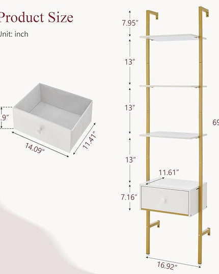 Tajsoon Ladder Shelf, Tall Bookcase with Storage Drawers, 4-Tier Wood Wall Mounted Bookshelf, Open Display Rack, Storage Shelves for Bedroom, Home Office, Collection, Plant Flower, Gold & White - LeafyLoom