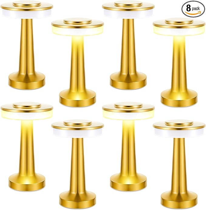 Set of 8 LED Portable Cordless Table Lamp with Touch Sensor 3 Color Stepless Dimming Rechargeable Battery up to 15 Hours Cordless Lamp Table Light Wireless Lamp for Kids Nursery Room, Gold - LeafyLoom