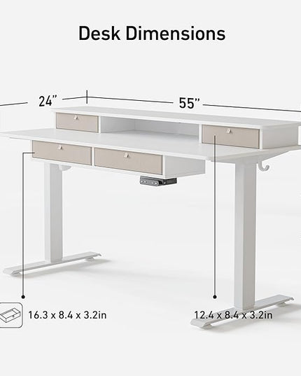FEZIBO Sturdy Height Adjustable Electric Standing Desk with Drawers, 55 x 24 Inch Stand Up Table with Large Storage Shelf, Sit Stand Desk, White Top - LeafyLoom