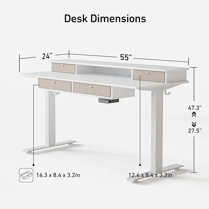 FEZIBO Sturdy Height Adjustable Electric Standing Desk with Drawers, 55 x 24 Inch Stand Up Table with Large Storage Shelf, Sit Stand Desk, White Top - LeafyLoom