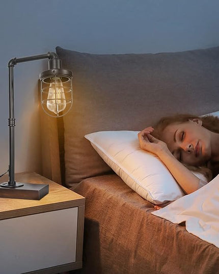 CONCA Steampunk Table Lamp, Industrial Table Lamp, E26 Base Rustic Edison Lighting, Caged Wood Base Iron Tube Table Lamp (B-Black) - LeafyLoom
