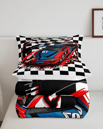 Red Race Car Bedding Set Twin Size Cool Racing Car Comforter Set Competition Extreme Sports Game Down Comforter For Kids Boys Girls Teens Bedroom Decor Plaid Pattern Duvet Insert With 1 Pillowcase - LeafyLoom