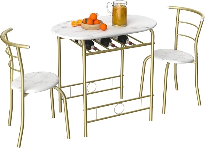 VECELO 3-Piece Dining Table Set for Kitchen Breakfast Nook, Wood Grain Oval Tabletop and Metal Frame with Built-in Wine Rack, for Small Spaces, 31.5", White & Gold - LeafyLoom